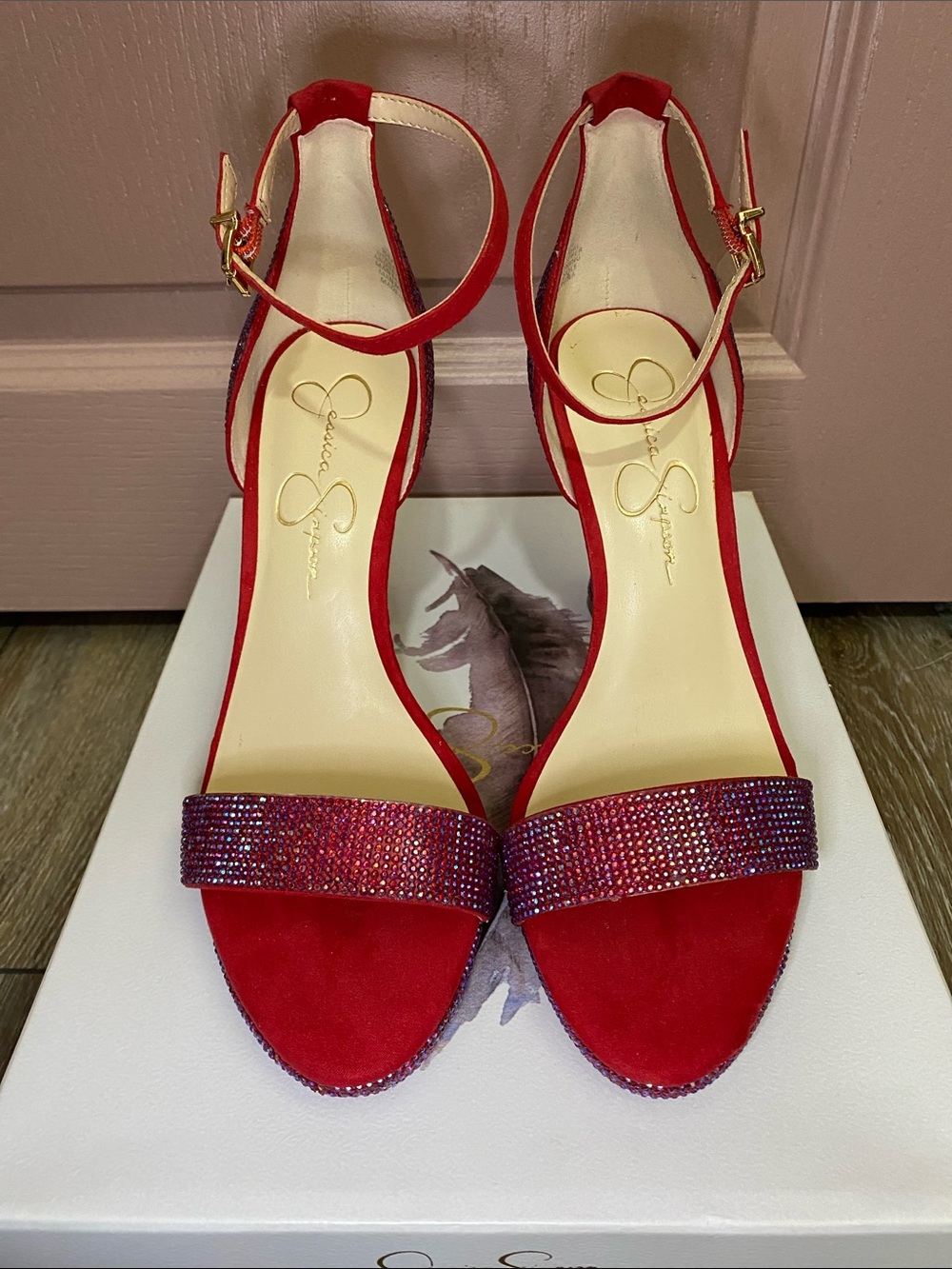 Jessica Simpson Red Suede Ankle-Strap Heels with Crystal Strap